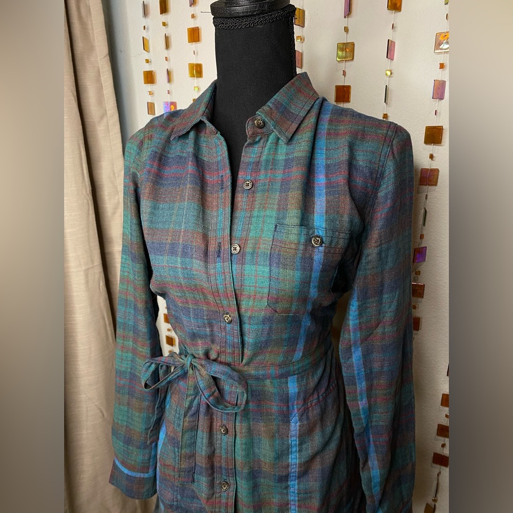 Plaid Button-Front Shirt Dress with Tie Waist - Teal Multi - Picture 3 of 11